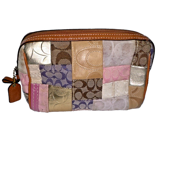 Coach Signature Multicolored Patchwork Pouch Makeup Bag 7 x 4.25 x 3 inches - Picture 2 of 12